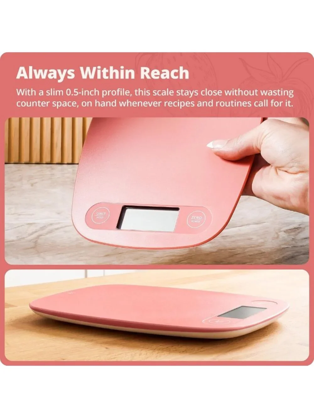 Slim Compact Food Scale - 1g Precision, Stylish Coral Pink Kitchen Gadget